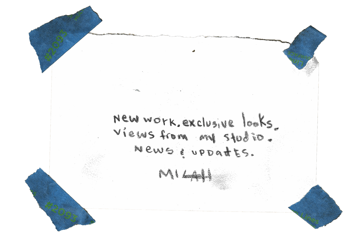 A handwritten note from Micah: see works for sale, get news, or see cool things in or around my studio.
